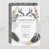 Black Boho Feather Invitation Anniversaire (Devant / Derrière)