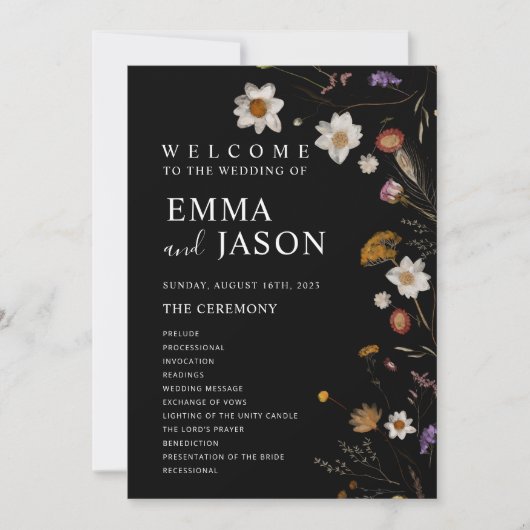 Black Boho Fleur sauvage Wedding Programme (Devant)