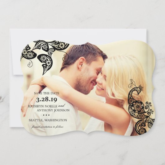 Black Boho Floral Peacock Photo Save the Date Card (Voorkant)