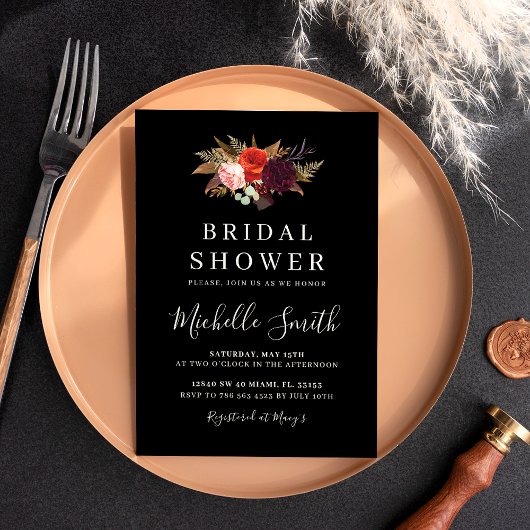 Black Boho Floral Vrijgezellenfeest Invite Kaart