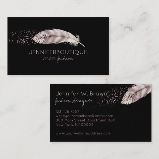 Black Boho Glitter Girly Bird Feather Visitekaartje (Voorkant / Achterkant)