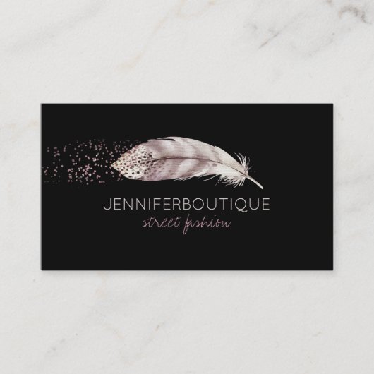 Black Boho Glitter Girly Bird Feather Visitekaartje (Voorkant)