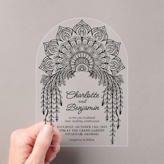 Black Boho Mandala Modern Wedding Acryl Uitnodigingen (Insitu (Draagbaar))