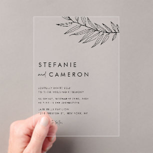 Black Boho Minimalist Foliage Wedding Acryl Uitnodigingen