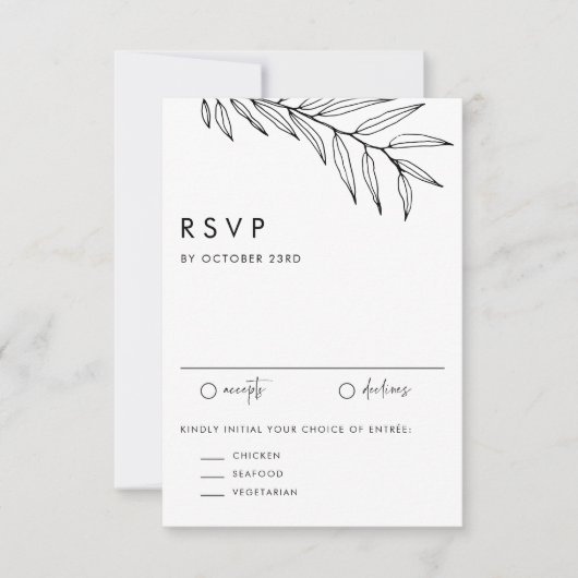 Black Boho Minimalist Foliage Wedding RSVP Kaartje (Voorkant)