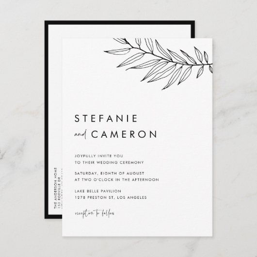 Black Boho Minimalist Foliage Wedding Uitnodiging Briefkaart (Voorkant / Achterkant)