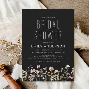 Black Boho Wildflower Bruidsdouche Uitnodiging