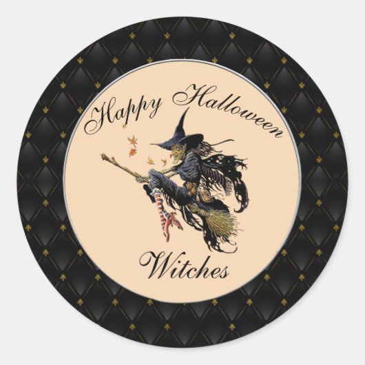 Black Border Gelukkige Halloween Heksen Ronde Sticker (Voorkant)