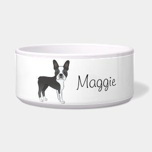 Black Boston Terrier Cute Cartoon Dog met naam Voerbakje