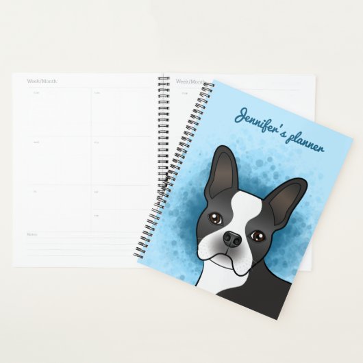 Black Boston Terrier Dessin Chien Sur Bleu & Texte (Devant avec enveloppe)