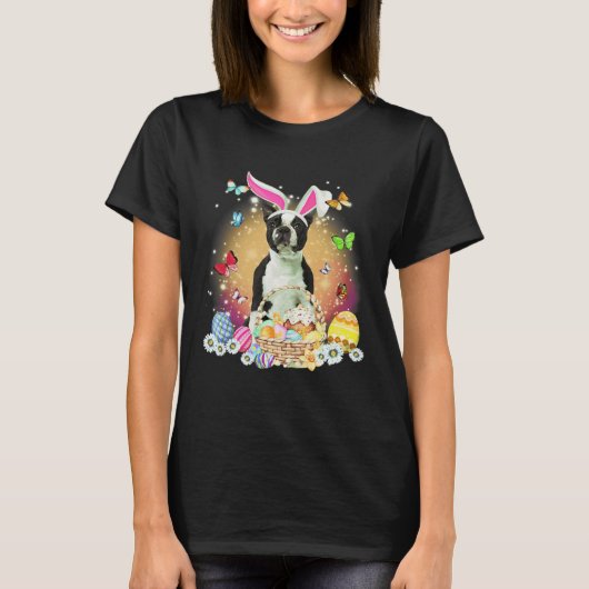 Black Boston Terrier Dog Bunny Easter Eggs Basket  T-shirt (Voorkant)