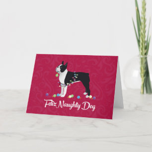 Black Boston Terrier Feliz Naughty Dog Design Feestdagen Kaart
