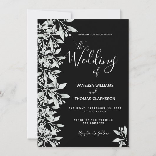 Black botanical foliage script bruiloft kaart (Voorkant)