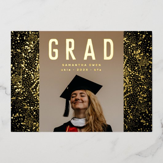 Black Botanics Grad Photo Gold Foil Faire-part (Recto)