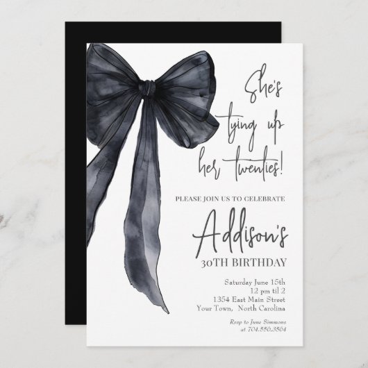black bow 30th Birthday Party Invitation (Devant / Derrière)