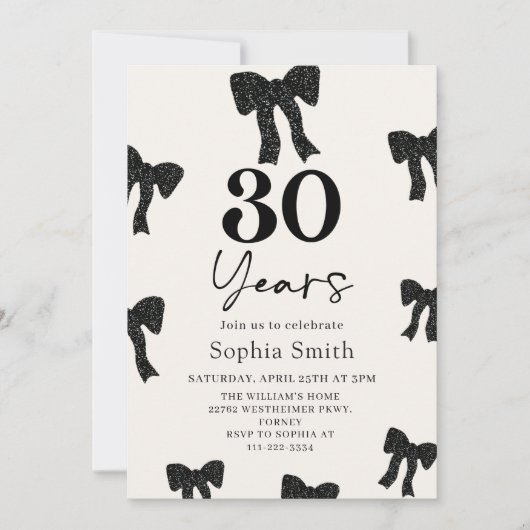 Black Bow 30th Birthday Party Invitation (Devant)