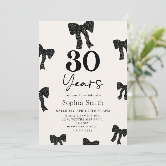 Black Bow 30th Birthday Party Invitation (Debout devant)