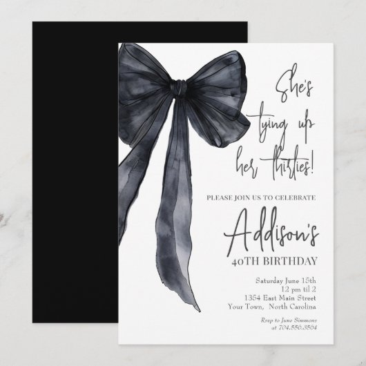 black bow 40th Birthday Party Invitation (Devant / Derrière)