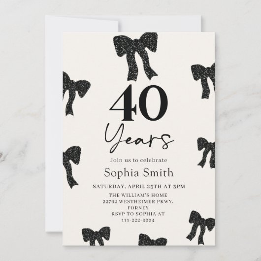 Black Bow 40th Birthday Party Invitation (Devant)