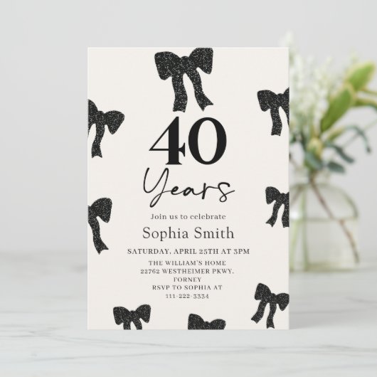 Black Bow 40th Birthday Party Invitation (Debout devant)