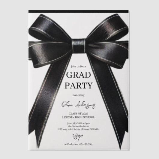 Black Bow Afstuderen Uitnodiging | Elegant modern (Voorkant)