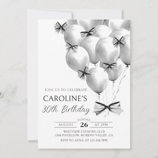 Black Bow Balloons Verjaardag Uitnodiging (Voorkant)