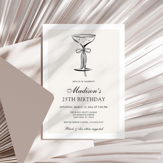 Black Bow Champagne Coupe Birthday Invitation