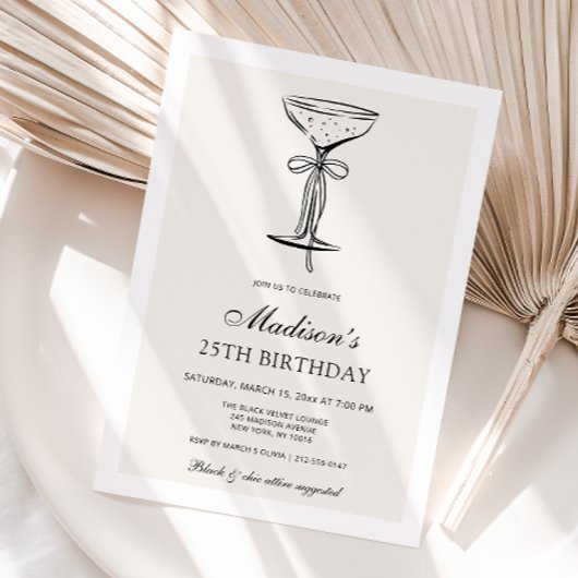 Black Bow Champagne Coupe Birthday Invitation