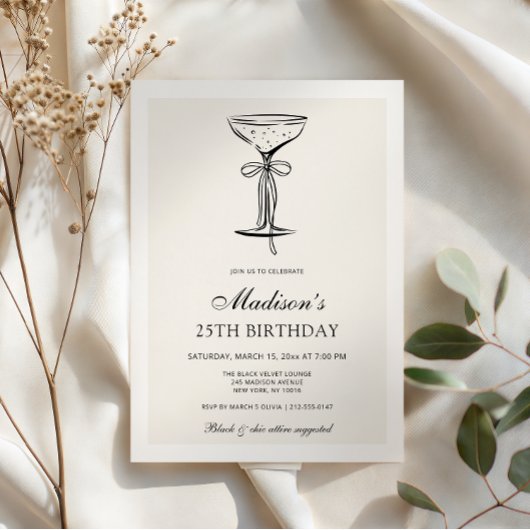 Black Bow Champagne Coupe Birthday Invitation Kaart