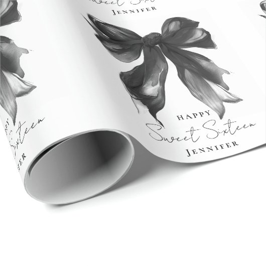 Black Bow Coquette Script Sweet 16 Party Cadeaupapier (Rol Hoek)