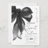 Black Bow Coquette Script Sweet 16 Party Kaart (Voorkant)