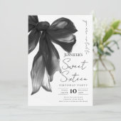 Black Bow Coquette Script Sweet 16 Party Kaart (Staand voorkant)