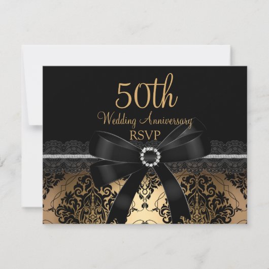 Black Bow & Damask Gold 50e anniversaire RSVP (Devant)