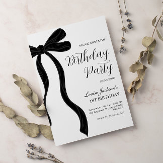 Black Bow First Birthday Party Invitation