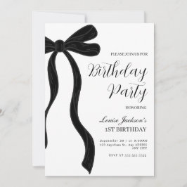 Black Bow First Birthday Party Invitation Kaart