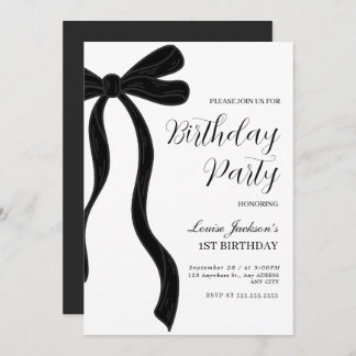 Black Bow First Birthday Party Invitation Kaart