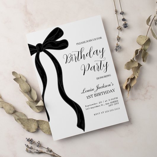 Black Bow First Birthday Party Invitation Kaart