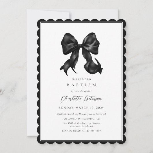 Black Bow Girl Baptism Invitation (Devant)