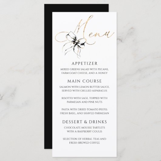 Black Bow Gold Typography Elegant Party Menu (Devant / Derrière)