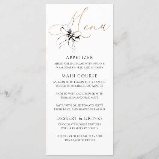 Black Bow Gold Typography Elegant Party Menu (Voorkant)