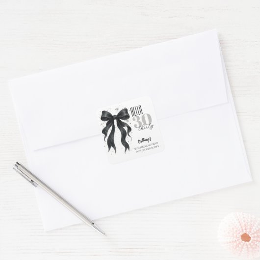 Black Bow Modern 30th Birthday  Vierkante Sticker (Envelop)