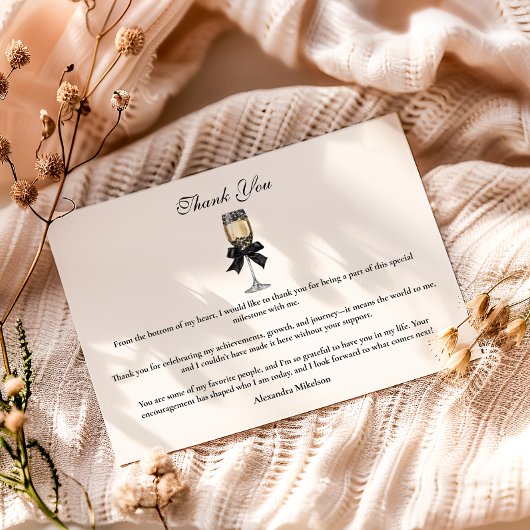 Black Bow Pearl Champagne Graduation Bedankkaart