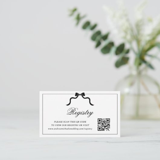 Black Bow Ribbon QR Code Trouwcadeau Registry Informatiekaartje (Staand voorkant)