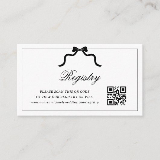 Black Bow Ribbon QR Code Trouwcadeau Registry Informatiekaartje (Voorkant)
