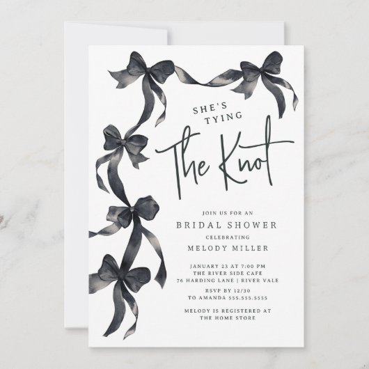 Black Bow Tying Knot Bruids Douche Uitnodiging (Voorkant)