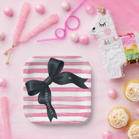 Black Bow with Pink White Stripe Birthday Papieren Bordje (Feest)