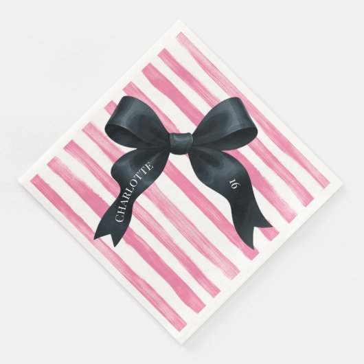 Black Bow with Pink White Stripe Birthday Servet (Hoek)