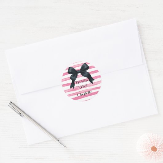 Black Bow with Pink White Stripe Custom Ronde Sticker (Envelop)