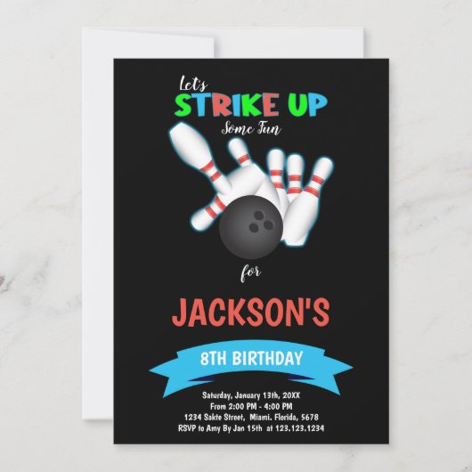 Black Bowling Ball Invitation Anniversaire (Devant)