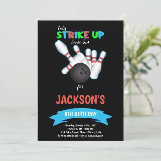 Black Bowling Ball Invitation Anniversaire (Debout devant)